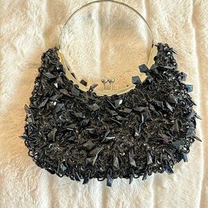 Black Beaded Handbag with Silver Handle